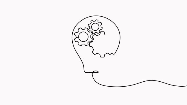 Lightbulb with cogwheel inside continuous line art drawing animation. Creative idea process video. Innovation symbol. Animated brainstorming sign. 