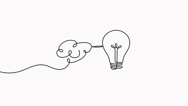 Light bulb with human brain continuous line art drawing video. Wisdom concept animation. Creative idea and insight symbol. Animated intellectual property sign.