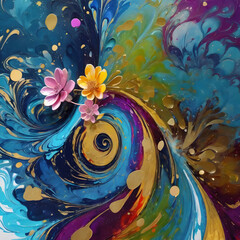 Vibrant abstract flower with golden accents in colorful swirling patterns and dynamic gradient background, digital art style