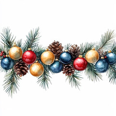 Painting of a Christmas tree with a blue and red ribbon of Christmas ornaments.