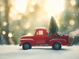 Red toy truck with christmas tree in trunk. Christmas background.