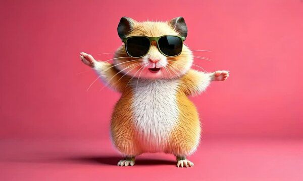 Dancing Hamster wearing Sunglasses on a Pink Background with Space for Copy