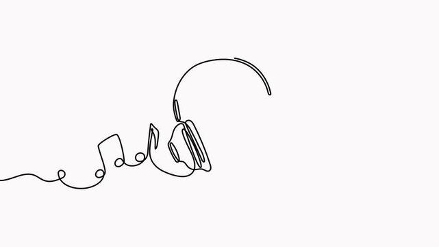 Headphones with music notes continuous line drawing animation.