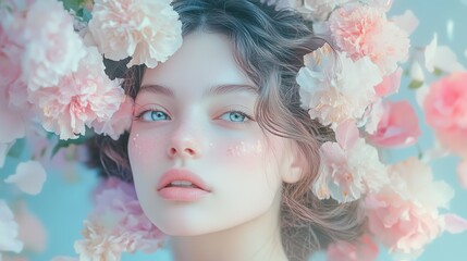 Dreamy Portrait of a Woman Surrounded by Soft Flowers