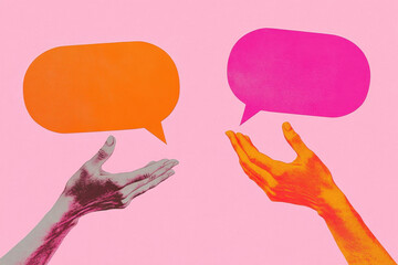 Composite photo collage of two hands hold bubble communication speech colorful cloud talk conversation isolated on painted background
