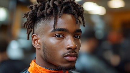 Fototapeta premium A young man with stylish hair poses confidently in a barbershop setting.
