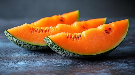 Slices of ripe orange cantaloupe melon on dark surface