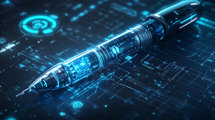 A futuristic pen icon glowing with writing metrics, representing online creative writing platforms, digital composition tools, and smart literary resources. 