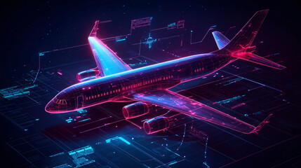 A futuristic plane icon with travel metrics and flight data surrounding it, symbolizing online booking platforms, real-time travel analytics, and smart tourism tools. 