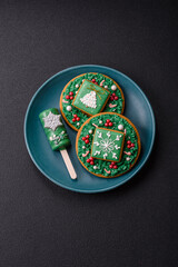 Natural popsicle ice cream on a stick in the style and colors of Christmas