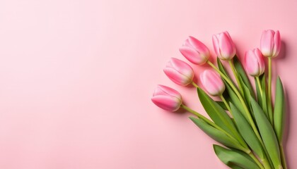 Spring bouquet of pink tulips on pastel pink background, flat lay style