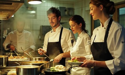 Chefs in a restaurant kitchen collaboratively preparing a meal.
