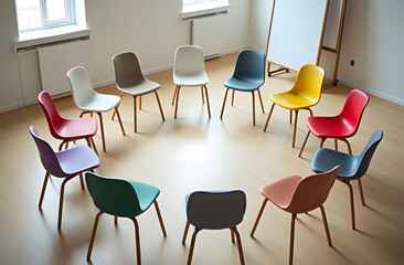 Fototapeta premium Group psychotherapy room 12 chairs of different colors in psychologist's office, meeting room with flipchart