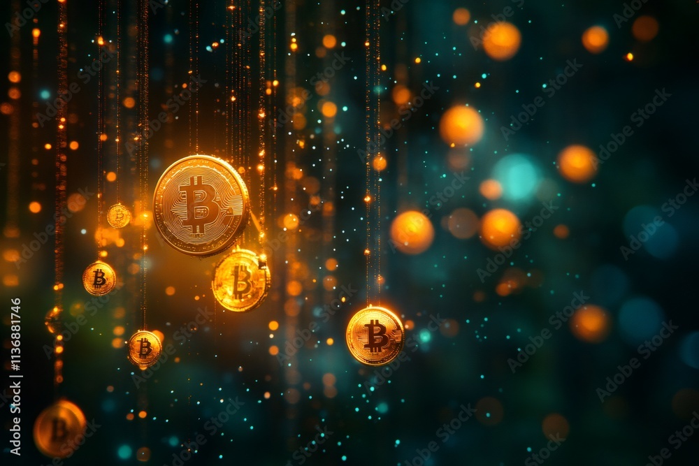 Leinwandbilder bitcoin cryptocurrency coins hanging on golden chains on blockchain abstract background