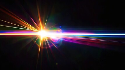 Abstract, colorful light rays background with a rainbow prism effect on a black backdrop. 