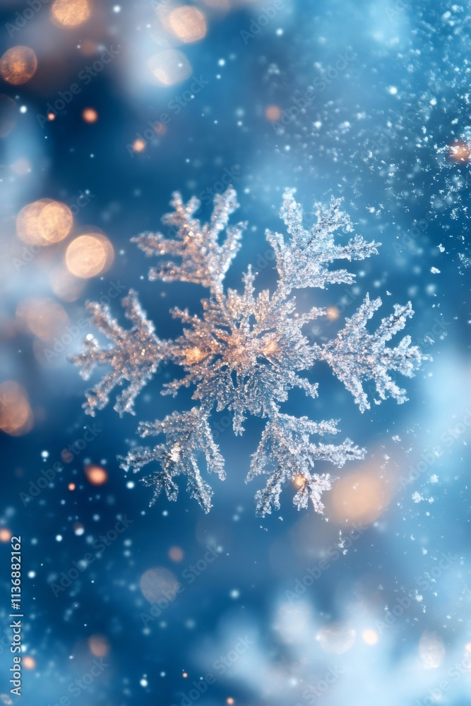 Poster Beautiful snowflake falling during a snowfall with bokeh effect