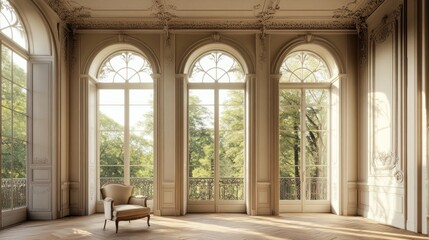 Sunlit room with arched windows, ornate molding, and single chair.