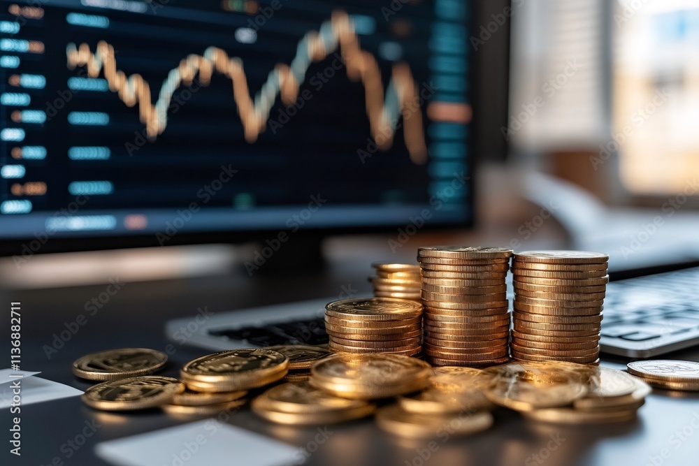 Poster Gold coins piling up on desk with stock market chart displayed on screen in background