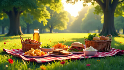 Fototapeta premium Picnic on the green grass with a bread basket, a fruit basket, salad, fries and hamburger.