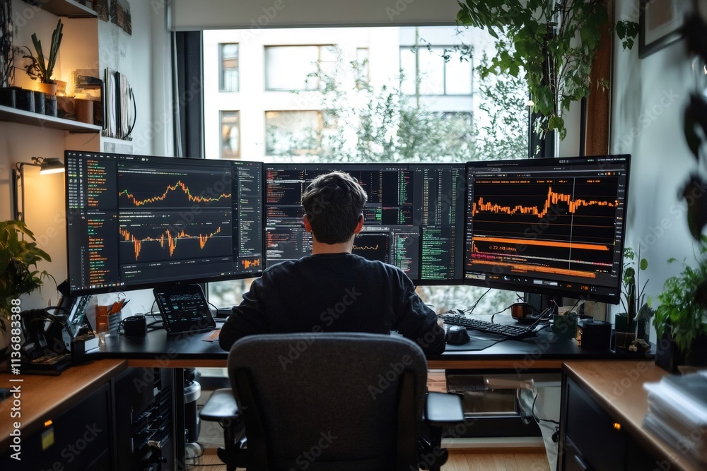 Poster Trader analyzing cryptocurrency charts and creating trading algorithms on multiple monitors