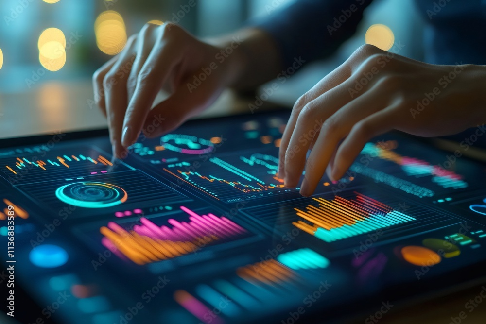 Poster businesswoman analyzing financial data on interactive touchscreen display