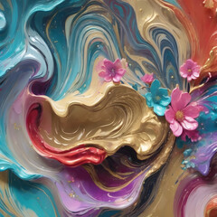 Vibrant abstract flower with golden accents in colorful swirling patterns and dynamic gradient background, digital art style