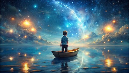 Fototapeta premium Boy exploring the starry night sea with a glowing boat, digital art illustration 