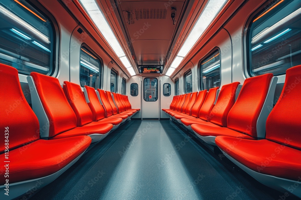 Poster empty modern subway car with red seats waiting for passengers