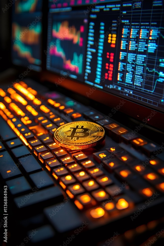 Aufkleber Bitcoin resting on illuminated keyboard with stock market charts displayed on screen