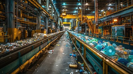 Fototapeta premium A waste processing facility with conveyor belts filled with various discarded materials.