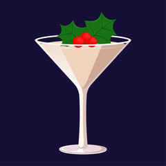 Christmas cocktail in martini glass with mistletoe. Vector illustration of seasonal festive drink isolated on blue background.