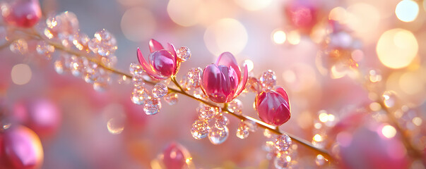 Fototapeta premium Delicate Pink Blossom Branch with Sparkling Dew, Glistening Flowers in Soft Light, Dreamy Floral Background