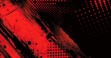 Abstract red and black graphic design featuring dots and streaks.