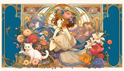 Obraz premium A cel-style illustration of a cat and a girl.generated by AI.