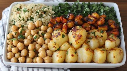 Roasted Potatoes Chickpeas Quinoa And Greens Bowl