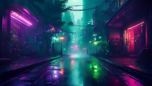 Gloomy cyberpunk cityscape with deserted alley illuminated by neon lights in the rain at night. Generative AI