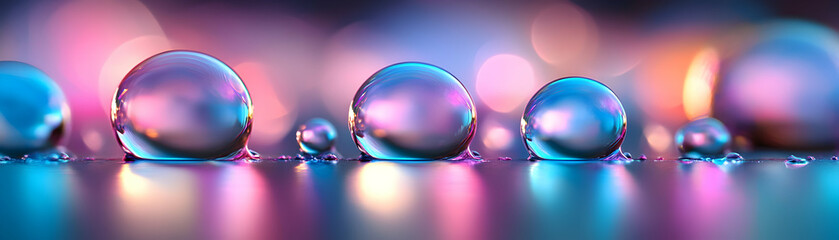 Vibrant Spheres, Abstract Background with iridescent Bubbles on Reflective Surface, Illuminated by Colorful Lights