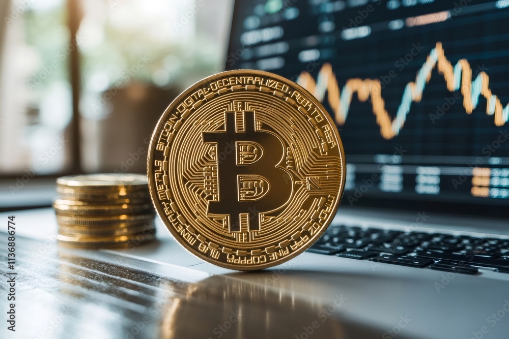 Poster bitcoin cryptocurrency coin standing on laptop showing stock market data