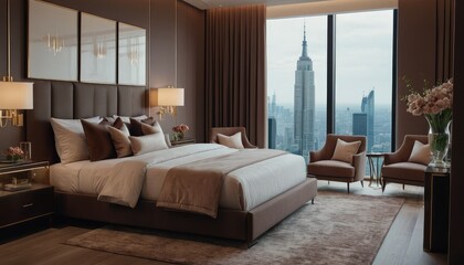 Fototapeta premium A spacious, upscale bedroom featuring a grand chandelier, sleek furnishings, and panoramic windows showcasing a stunning cityscape under soft natural light. Mocha Mousse colored walls.