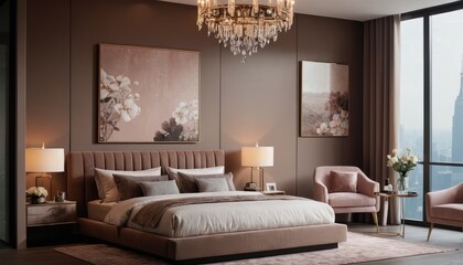 A spacious, upscale bedroom featuring a grand chandelier, sleek furnishings, and panoramic windows showcasing a stunning cityscape under soft natural light. Mocha Mousse colored walls.