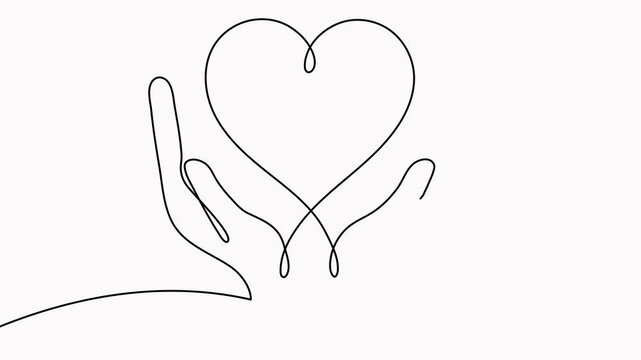 Continuous one line drawing hands holding heart animation video. Charity donation linear concept animation.