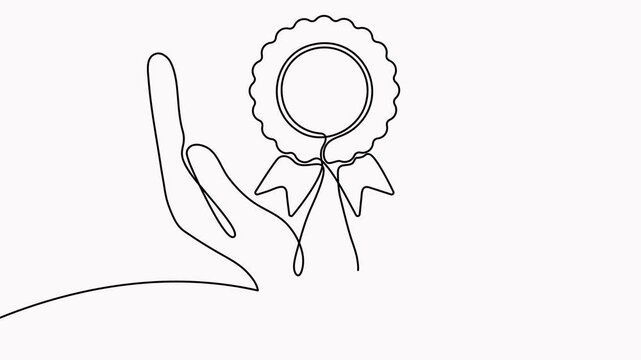 Award badge in hands continuous line art drawn animated video. Winning ribbon with wave line animation.