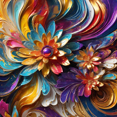 Vibrant abstract flower with golden accents in colorful swirling patterns and dynamic gradient background, digital art style