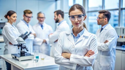 Fototapeta premium Portrait of a confident female researcher in a white lab coat and glasses working in a modern medical science laboratory with a team of specialists behind her