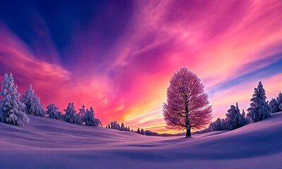 The sky is covered with colorful, dreamlike clouds, surreal and beautiful, showing a rainbow of colors, with a snowy field and some white trees below, a fantastical, cinematic, surreal scene  - Powered by Adobe