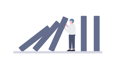 ドミノ倒しを止める男性