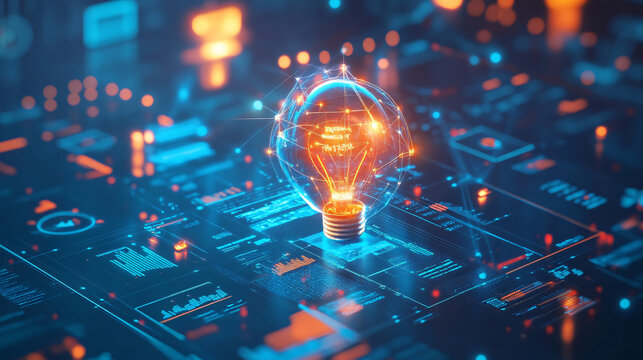 A glowing business plan icon surrounded by entrepreneurial data, representing online business education platforms, digital startup resources, and smart planning tools. 