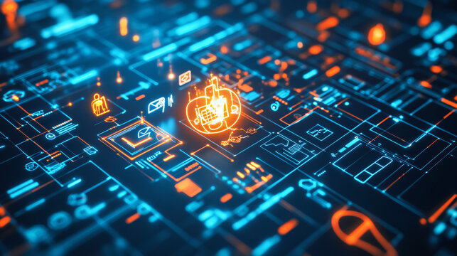 A glowing business plan icon surrounded by entrepreneurial data, representing online business education platforms, digital startup resources, and smart planning tools. 