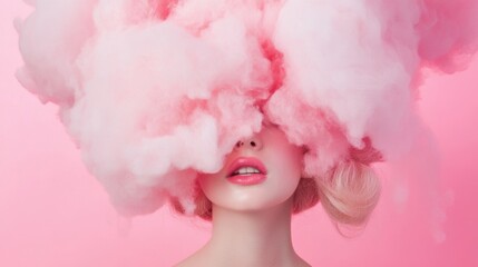 Surreal portrait of a woman with pink fluffy cotton candy clouds covering her eyes, soft pastel pink background, glossy lips and elegant blonde curls visible, evoking dreamy and whimsical artistic aes