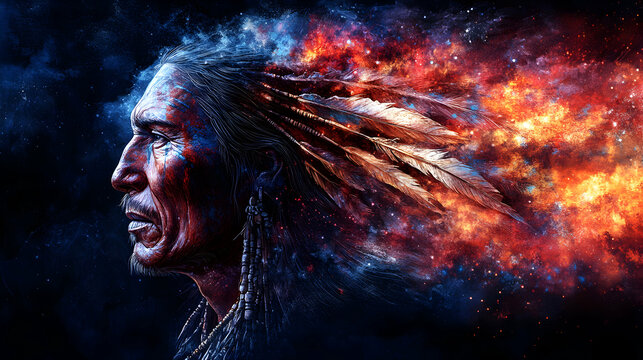 Native American Chief, Cosmic Feathers, Abstract Portrait, Fiery Galaxy Background, Digital Art